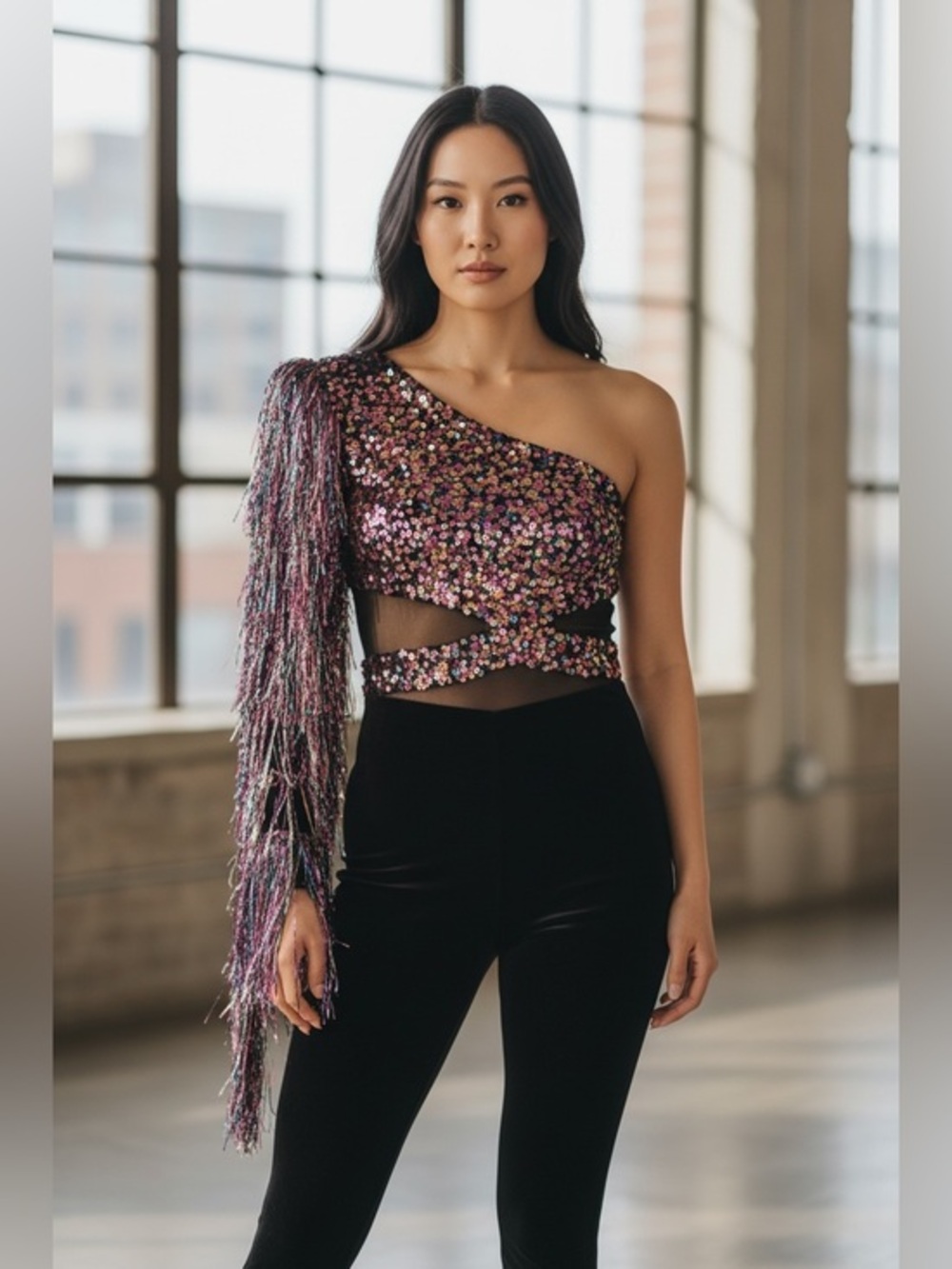 One-Shoulder Sequin Fringe Dancer Sheer Pantsuit Glamorous  Costume Outfit Small